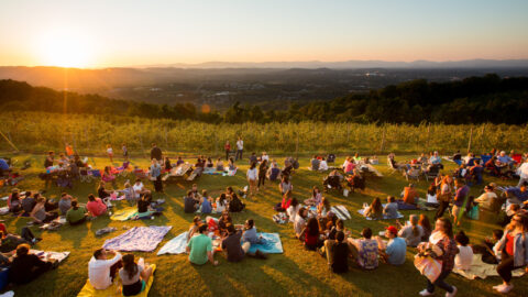 Visitors to Carter Mountain enjoying the sunset and live music.